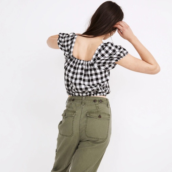 Madewell Linen-Blend Puff-Sleeve Button-Front Crop Top in Gingham Check - Picture 8 of 9